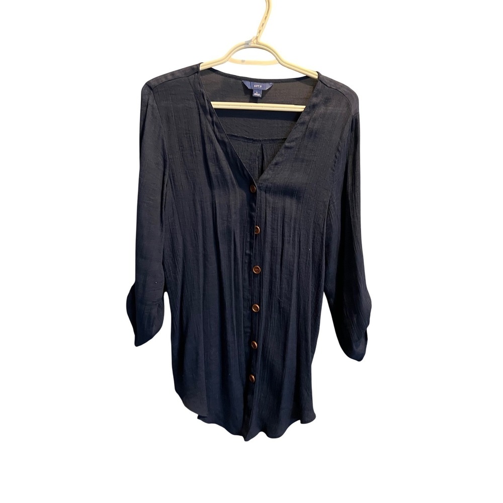 Apt 9 Womens Navy Blue V-Neck Button Down 3/4 Roll Tab Sleeve Blouse Large